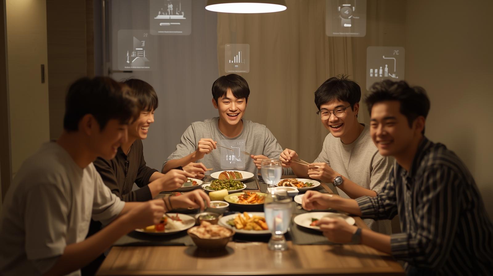 Gen Z people sharing meals and staying together with holographic data